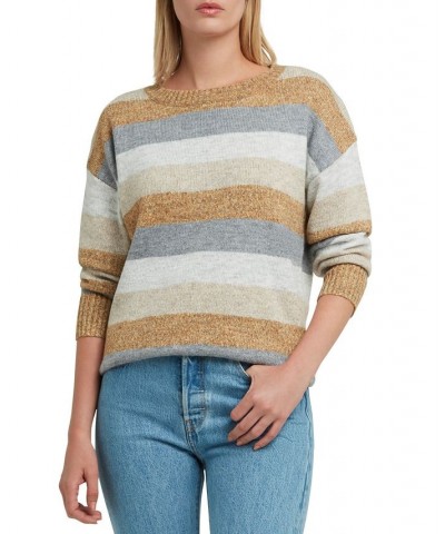 Women's Striped Crewneck Drop-Shoulder Sweater Camel Heather Combo $28.73 Sweaters