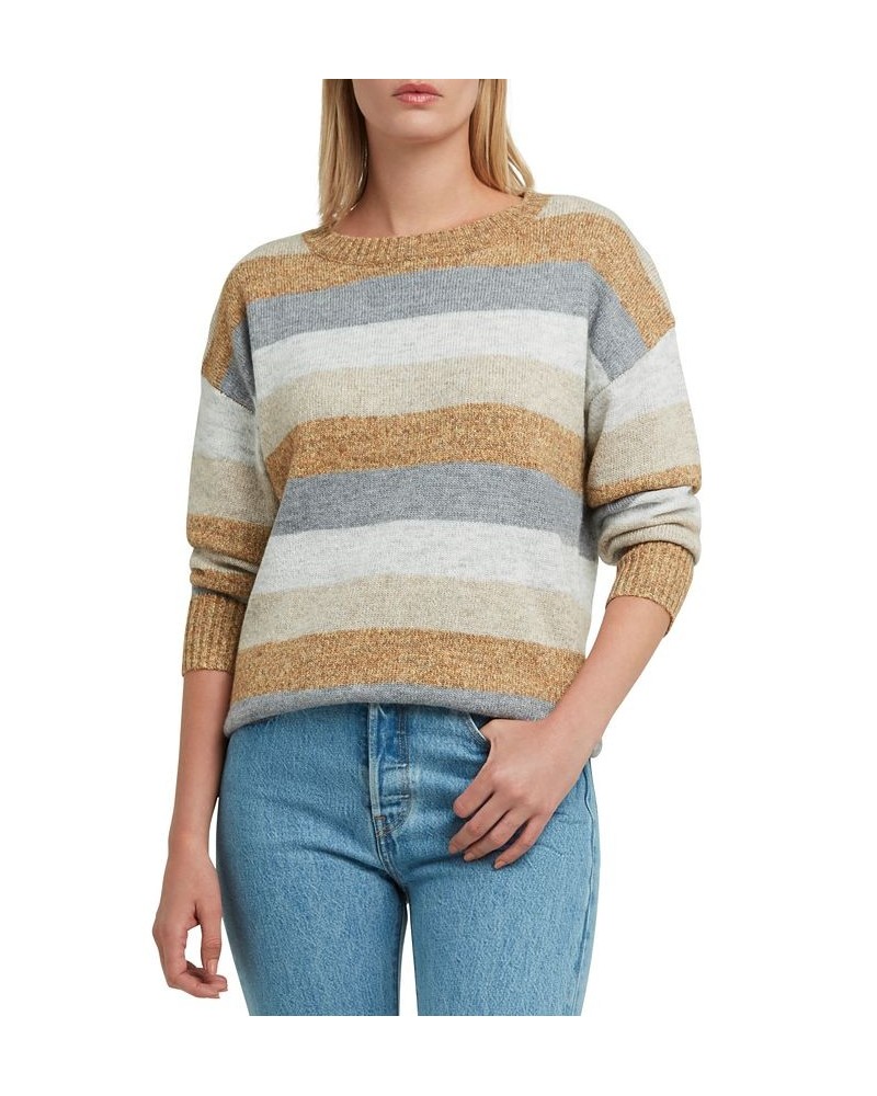 Women's Striped Crewneck Drop-Shoulder Sweater Camel Heather Combo $28.73 Sweaters