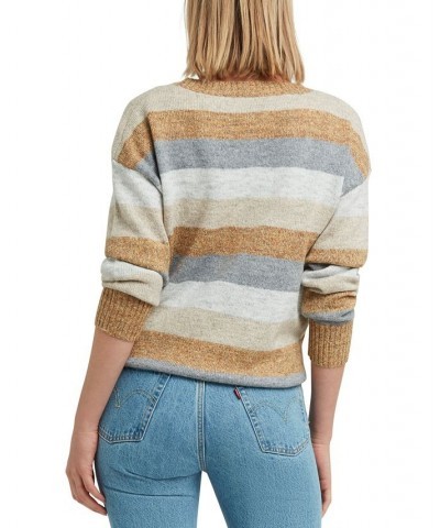 Women's Striped Crewneck Drop-Shoulder Sweater Camel Heather Combo $28.73 Sweaters