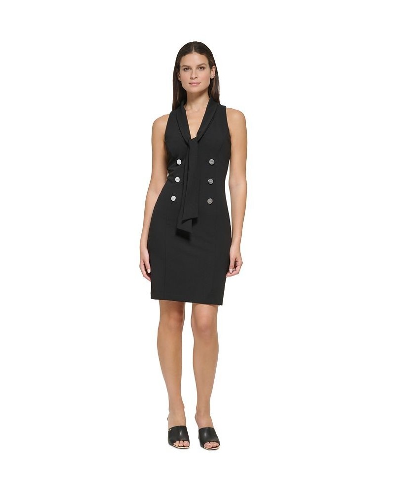 Women's Tie-Neck Button-Front Sheath Dress Black $39.26 Dresses