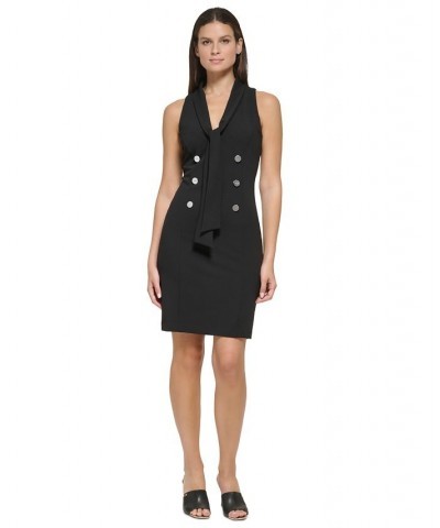 Women's Tie-Neck Button-Front Sheath Dress Black $39.26 Dresses