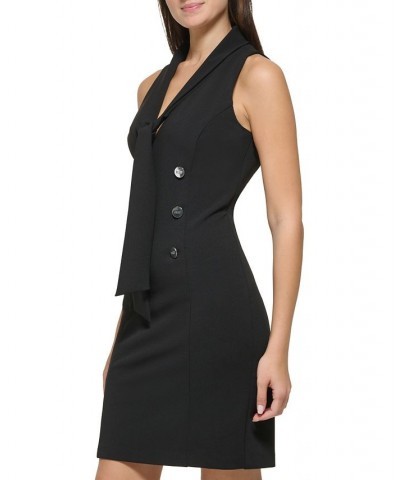 Women's Tie-Neck Button-Front Sheath Dress Black $39.26 Dresses