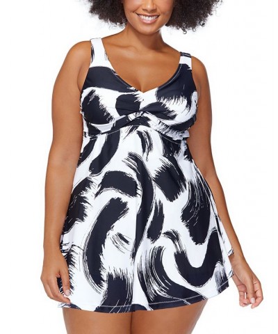 Trendy Plus Size Lucia Printed Twist-Front Swimdress Black/White $35.84 Swimsuits
