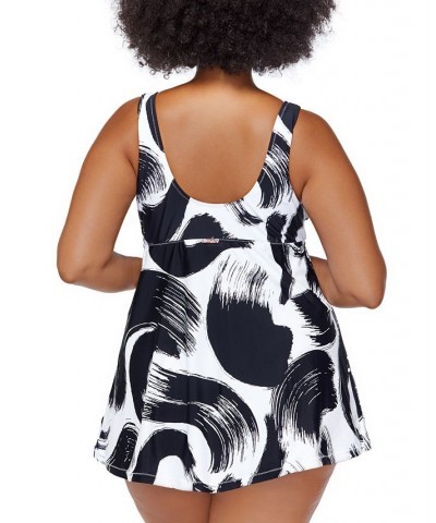 Trendy Plus Size Lucia Printed Twist-Front Swimdress Black/White $35.84 Swimsuits