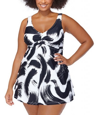 Trendy Plus Size Lucia Printed Twist-Front Swimdress Black/White $35.84 Swimsuits