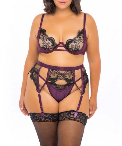 Plus Size Underwire Bra Featuring Embroidery with Matching Garterbelt and G-String Panty 3pc Lingerie Set Multi $28.04 Lingerie