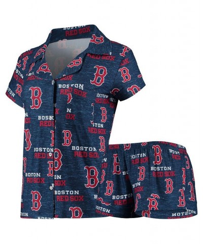 Women's Navy Boston Red Sox Zest Allover Print Button-Up Shirt and Shorts Sleep Set Navy $28.55 Pajama