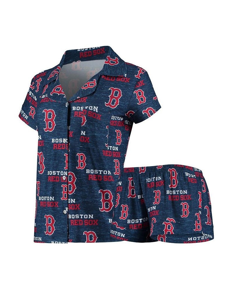 Women's Navy Boston Red Sox Zest Allover Print Button-Up Shirt and Shorts Sleep Set Navy $28.55 Pajama