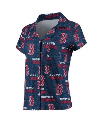 Women's Navy Boston Red Sox Zest Allover Print Button-Up Shirt and Shorts Sleep Set Navy $28.55 Pajama