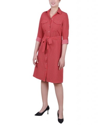 Women's 3/4 Sleeve Roll Tab Shirtdress with Belt Red Seadots $20.72 Dresses