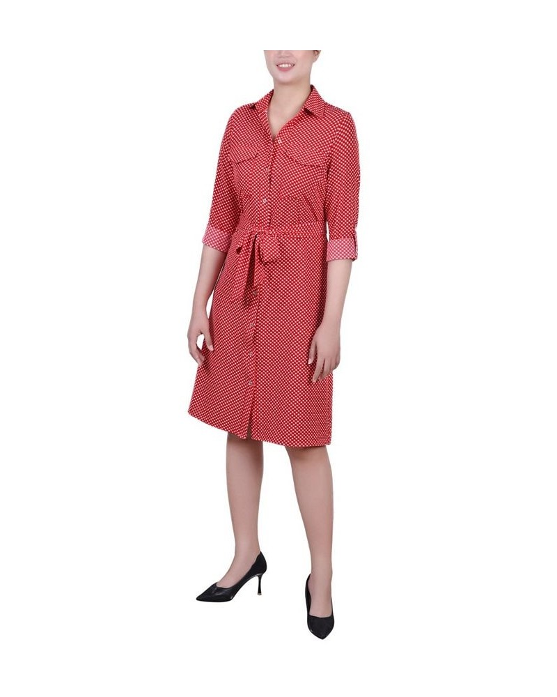 Women's 3/4 Sleeve Roll Tab Shirtdress with Belt Red Seadots $20.72 Dresses