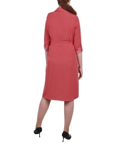 Women's 3/4 Sleeve Roll Tab Shirtdress with Belt Red Seadots $20.72 Dresses