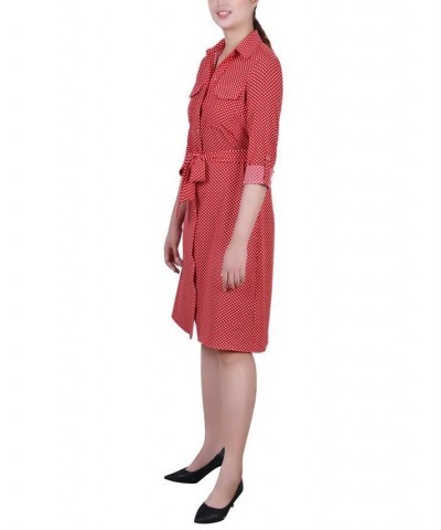 Women's 3/4 Sleeve Roll Tab Shirtdress with Belt Red Seadots $20.72 Dresses