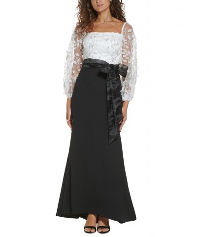 Women's Square-Neck Floral-Embroidery Gown White Black $85.14 Dresses