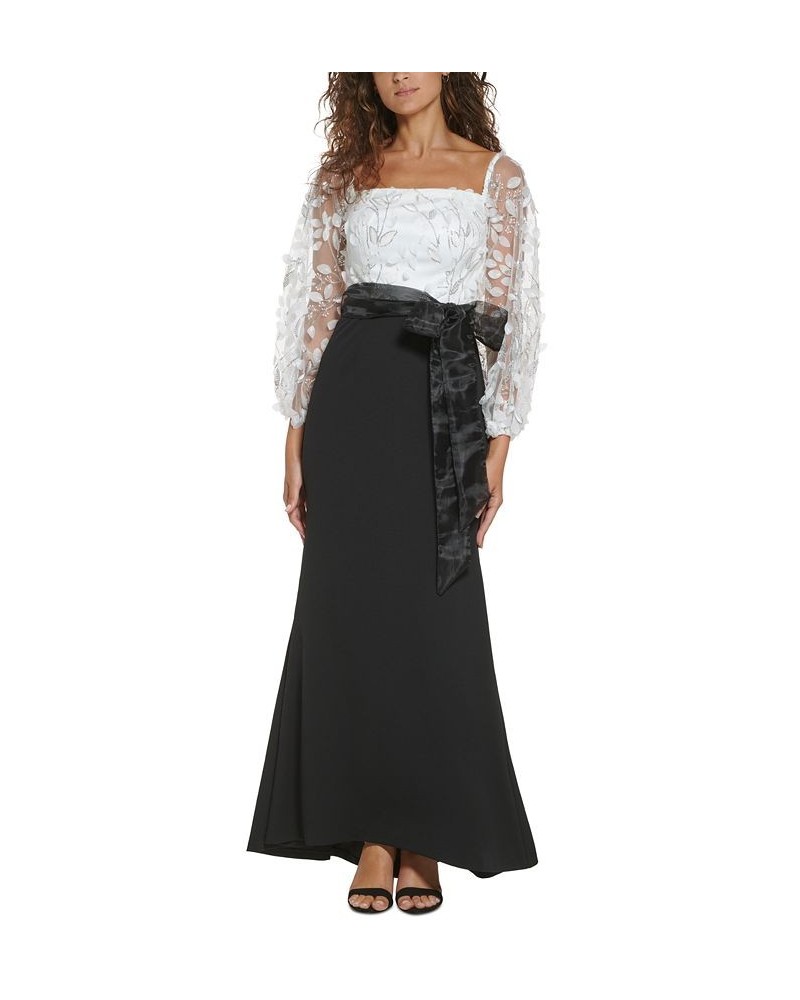 Women's Square-Neck Floral-Embroidery Gown White Black $85.14 Dresses