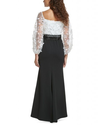 Women's Square-Neck Floral-Embroidery Gown White Black $85.14 Dresses