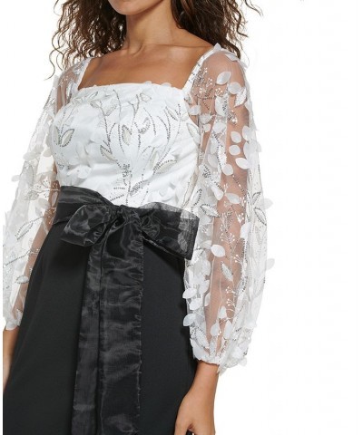 Women's Square-Neck Floral-Embroidery Gown White Black $85.14 Dresses