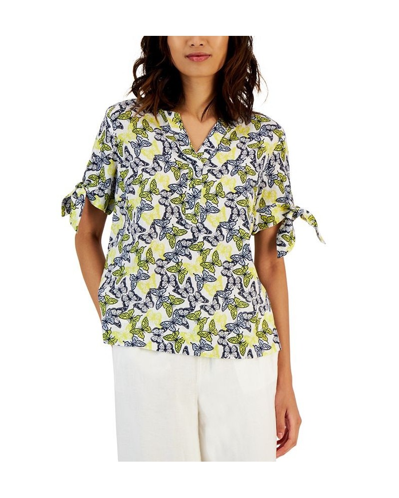 Petite Floral Tie-Cuff Linen Top Multi $18.29 Tops