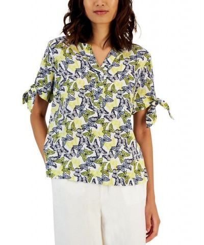 Petite Floral Tie-Cuff Linen Top Multi $18.29 Tops