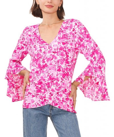 Women's Long Sleeve V-Neck Blouse Hot Pink $49.50 Tops