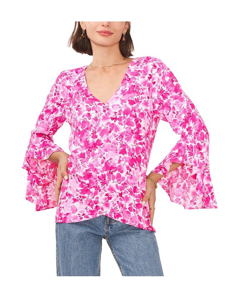 Women's Long Sleeve V-Neck Blouse Hot Pink $49.50 Tops