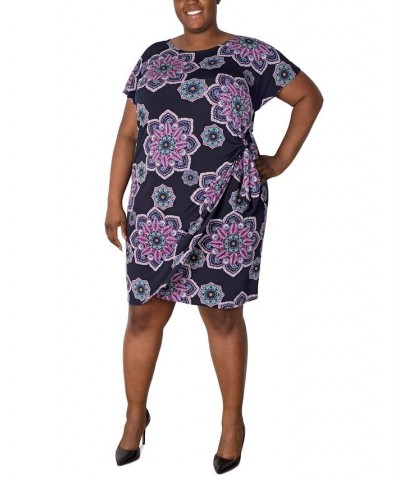 Plus Size Printed Side-Knot Pull-On Sheath Dress Navy/Pink $40.94 Dresses