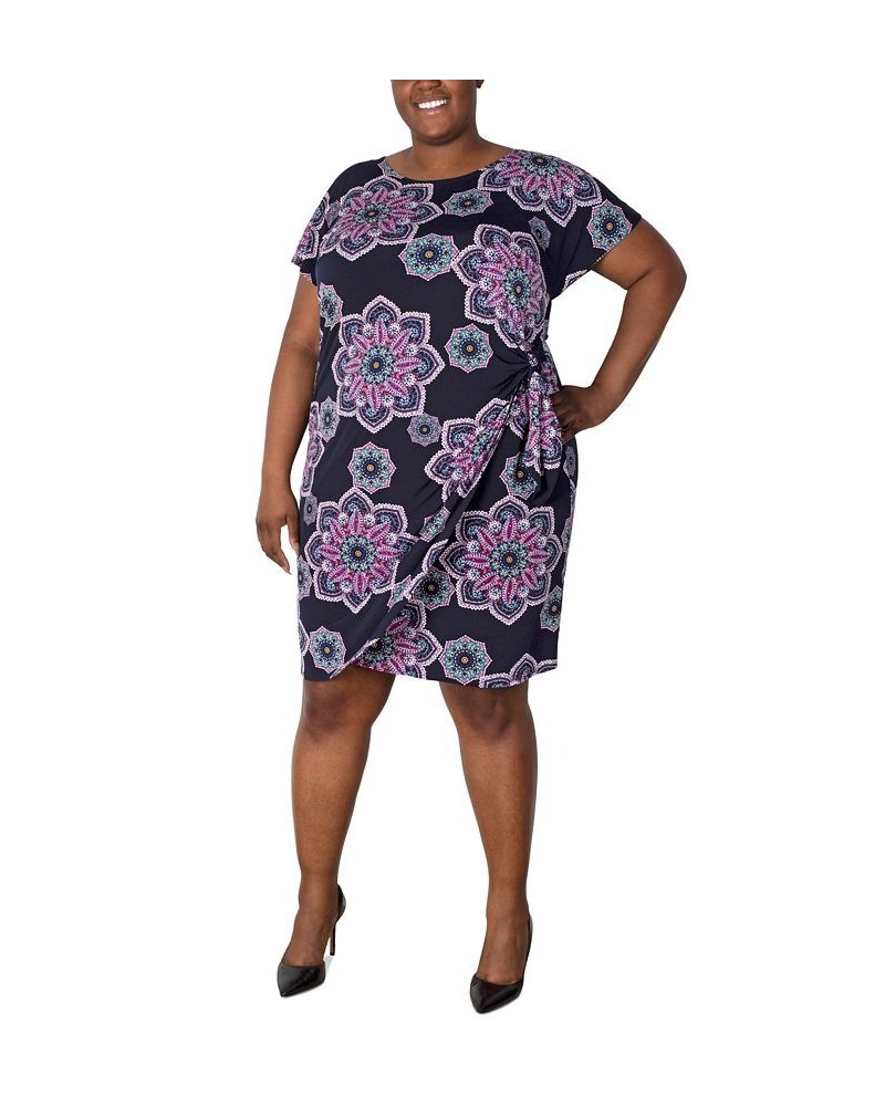 Plus Size Printed Side-Knot Pull-On Sheath Dress Navy/Pink $40.94 Dresses