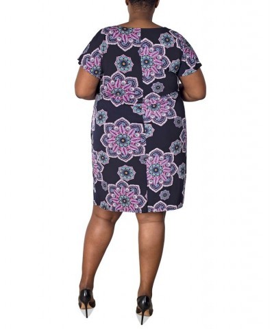 Plus Size Printed Side-Knot Pull-On Sheath Dress Navy/Pink $40.94 Dresses