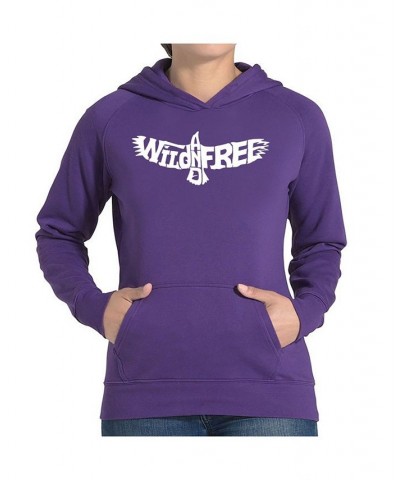 Women's Word Art Hooded Sweatshirt -Wild And Free Eagle Purple $24.00 Sweatshirts