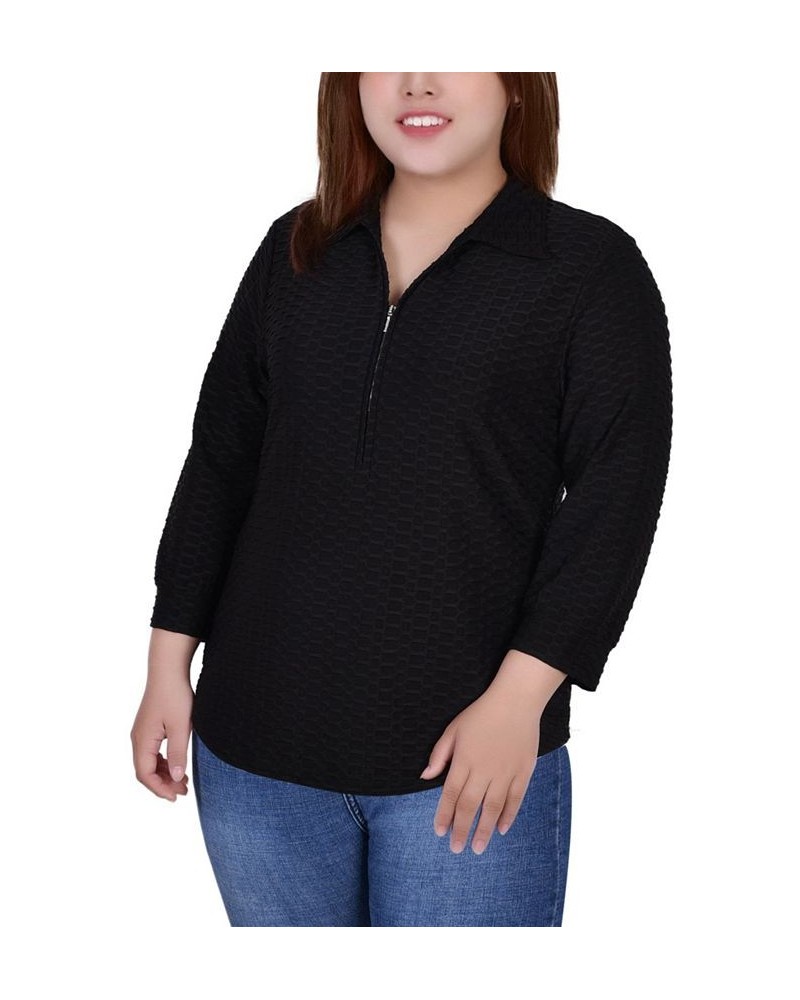 Plus Size 3/4 Sleeve Honeycomb Half Zip Collared Top Black $15.60 Tops