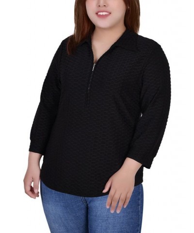 Plus Size 3/4 Sleeve Honeycomb Half Zip Collared Top Black $15.60 Tops