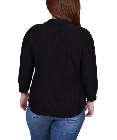 Plus Size 3/4 Sleeve Honeycomb Half Zip Collared Top Black $15.60 Tops