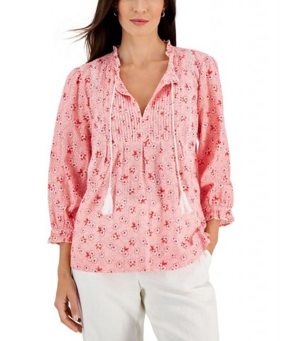 Women's Floral Pleated-Yoke Peasant Top Tuscon Coral Combo $17.54 Tops