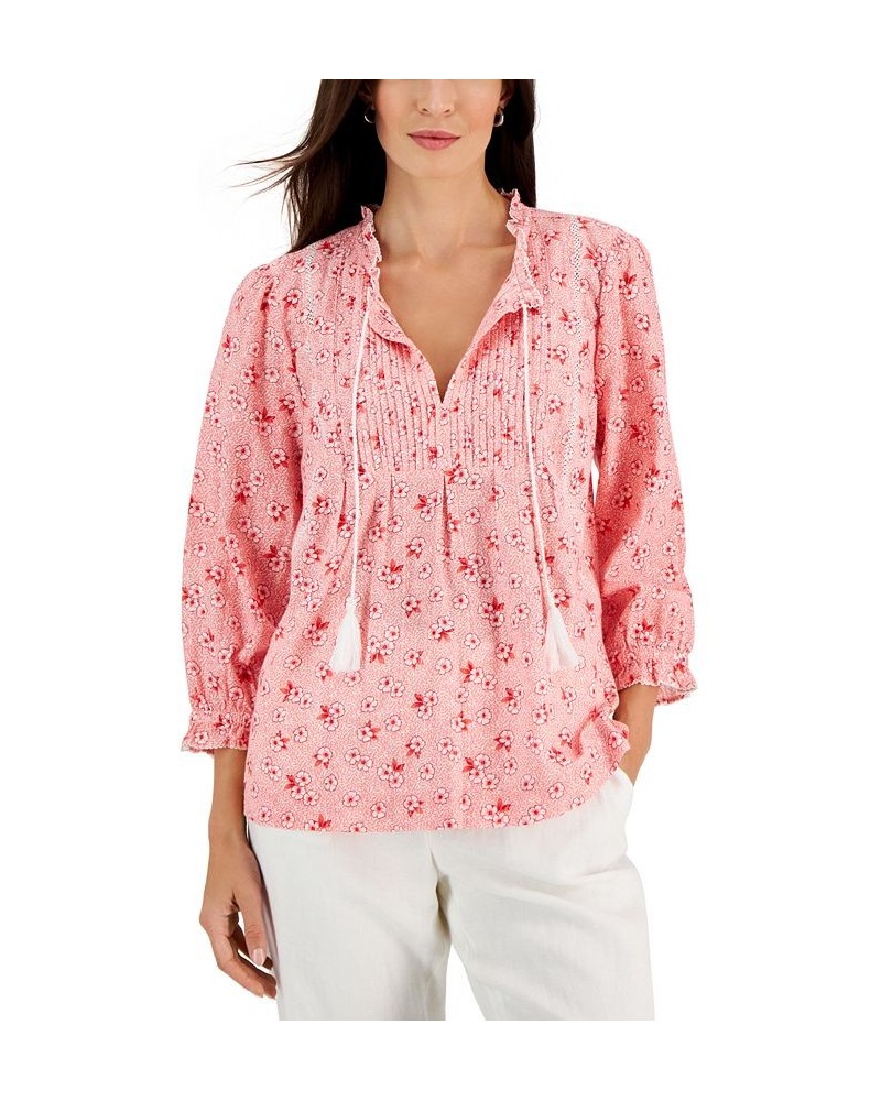 Women's Floral Pleated-Yoke Peasant Top Tuscon Coral Combo $17.54 Tops