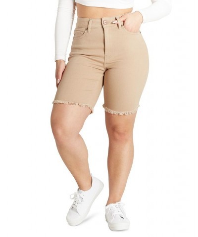 Juniors' High Rise Frayed Hem Bermuda Shorts Tan/Beige $10.25 Shorts