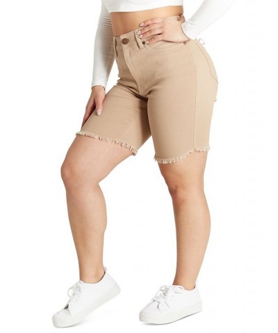 Juniors' High Rise Frayed Hem Bermuda Shorts Tan/Beige $10.25 Shorts