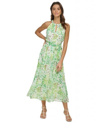 Women's Floral-Print Keyhole Tie-Waist Halter Midi Dress Ivory/Green $43.20 Dresses