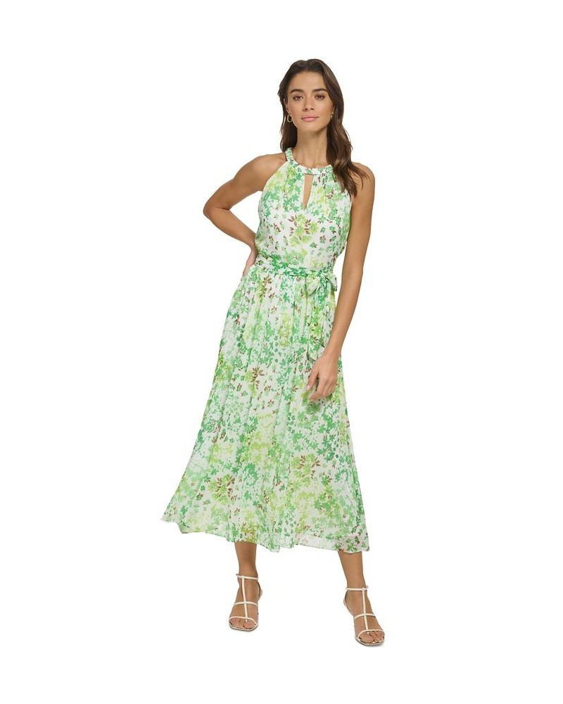 Women's Floral-Print Keyhole Tie-Waist Halter Midi Dress Ivory/Green $43.20 Dresses