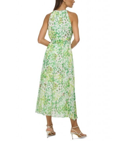 Women's Floral-Print Keyhole Tie-Waist Halter Midi Dress Ivory/Green $43.20 Dresses