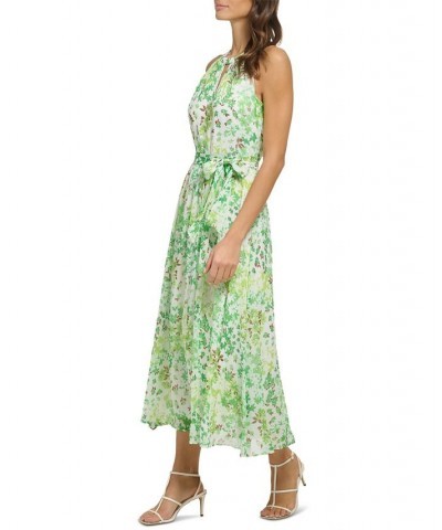 Women's Floral-Print Keyhole Tie-Waist Halter Midi Dress Ivory/Green $43.20 Dresses