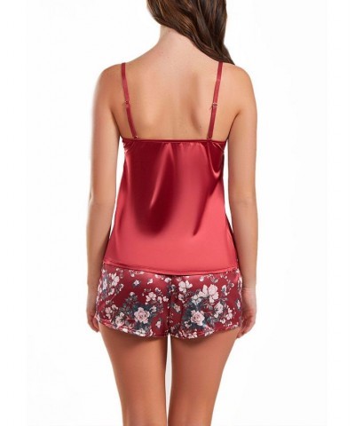 Women's Jenna Contrast Satin Tank and Floral Short Set 2 Piece Burgundy $34.73 Sleepwear