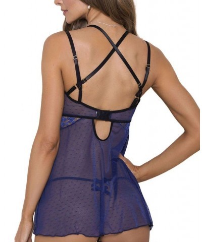 Women's Mesh and Lace Babydoll 2pc Lingerie Set Blue $31.92 Lingerie