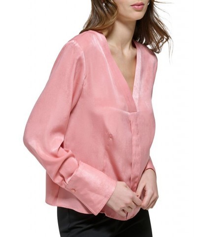 Women's V-Neck Pleat-Front Long-Sleeve Top Rouge Blush $22.14 Tops
