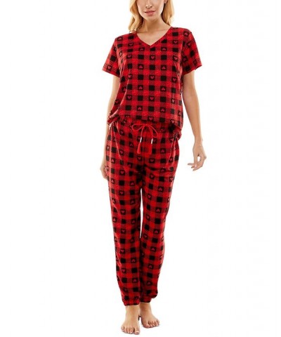 Women's Butterknit Printed Short Sleeve Top and Jogger Matching Set Red $14.52 Sleepwear