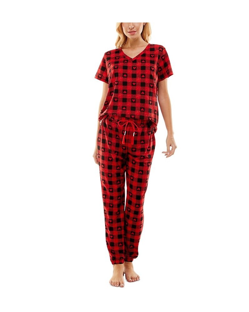 Women's Butterknit Printed Short Sleeve Top and Jogger Matching Set Red $14.52 Sleepwear