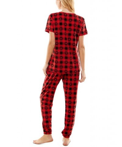 Women's Butterknit Printed Short Sleeve Top and Jogger Matching Set Red $14.52 Sleepwear