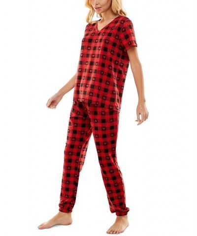 Women's Butterknit Printed Short Sleeve Top and Jogger Matching Set Red $14.52 Sleepwear