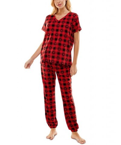 Women's Butterknit Printed Short Sleeve Top and Jogger Matching Set Red $14.52 Sleepwear