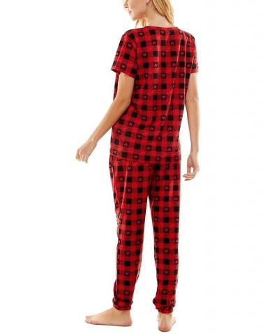 Women's Butterknit Printed Short Sleeve Top and Jogger Matching Set Red $14.52 Sleepwear