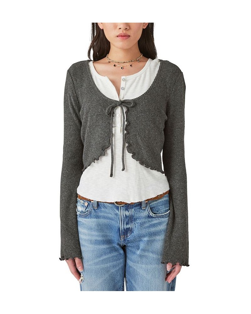 Women's Cloud Ribbed Tie-Front Cardigan Charcoal Heather $27.37 Tops